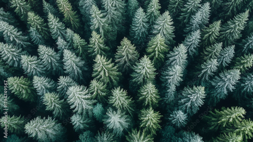 Aerial view of dense evergreen forest featuring lush pine trees Aerial view of dense evergreen forest featuring lush pine trees