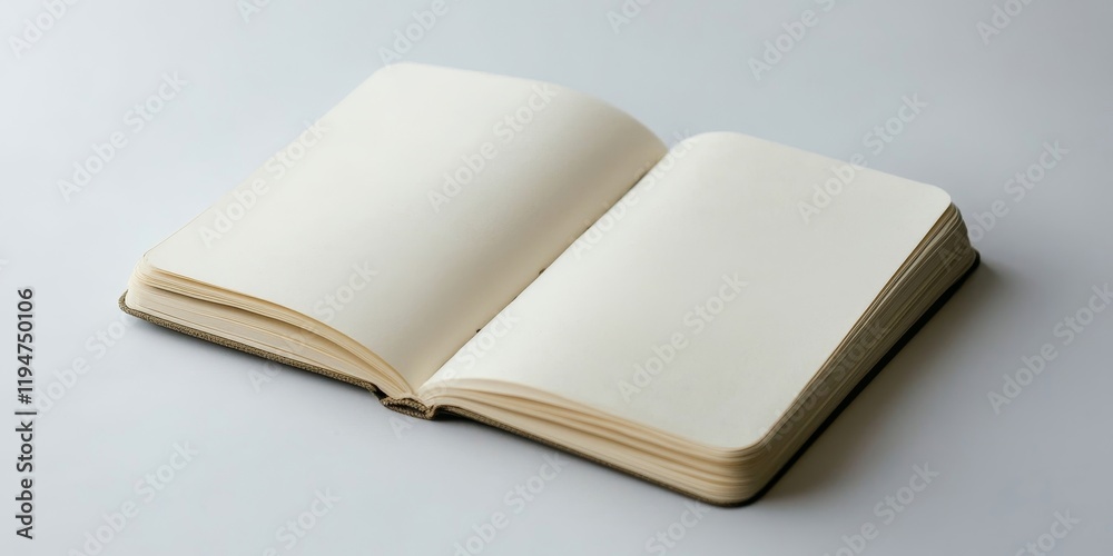 Open blank notebook on a white background with soft shadows highlighting the pages and a minimalistic design for a clean presentation Open blank notebook on a white background with soft shadows highlighting the pages and a minimalistic design for a clean presentation
