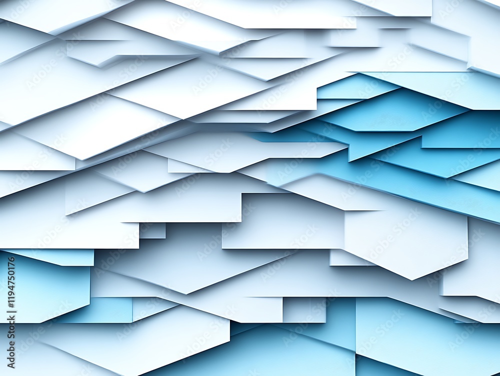 Abstract geometric pattern with white and light blue polygons.