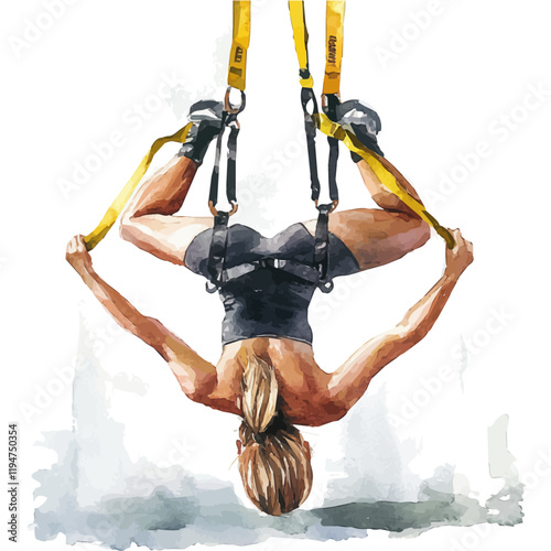 A watercolor painting of TRX suspension training, isolated on a white background. TRX suspension training vector.
