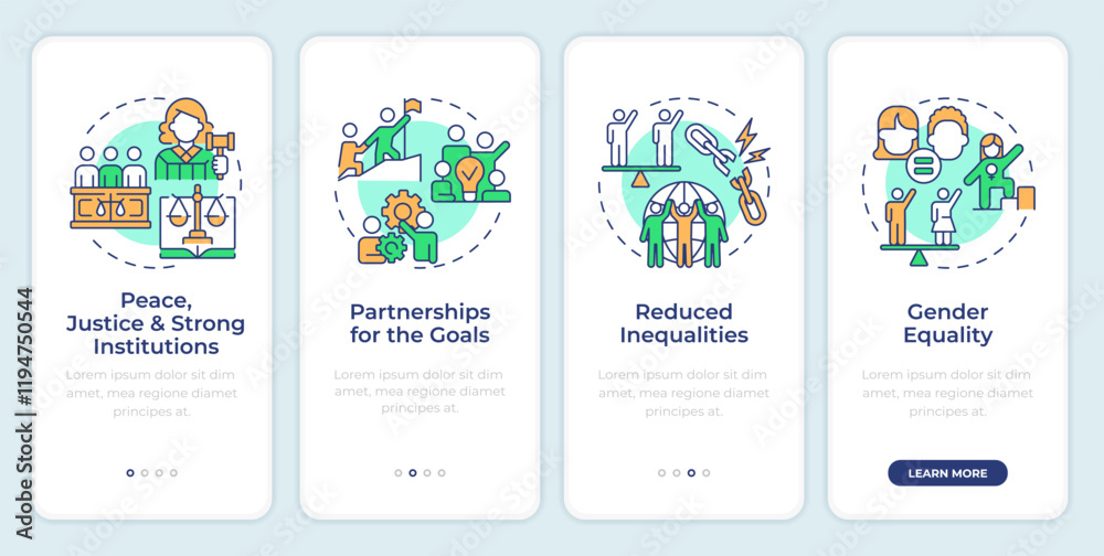 Fototapeta premium Peace and partnerships onboarding mobile app screen. Walkthrough 4 steps editable graphic instructions with linear concepts. UI, UX, GUI template. Montserrat SemiBold, Regular fonts used