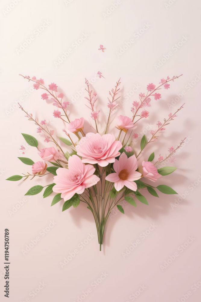 Fototapeta premium A beautiful bouquet of pink blossoms with flowers in full bloom, featuring roses, peonies, and cherry petals, symbolizing spring and nature’s vibrant colors