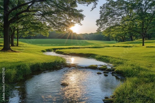 A peaceful brook curves through a sun-kissed grassy field, reflecting the golden glow of the setting sun amidst lush surroundings and serene open spaces.
