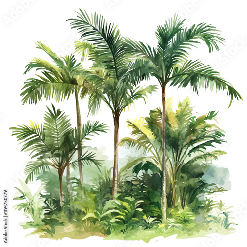 A watercolor vector of tropical rainforests, isolated on a white background. Tropical rainforests vector.
