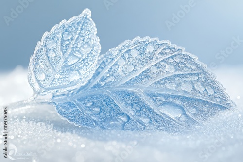 This image captures frosty leaves shimmering with a crystalline beauty under the bright light of a winter morning, highlighting nature's intricate artistry in cold hues.
