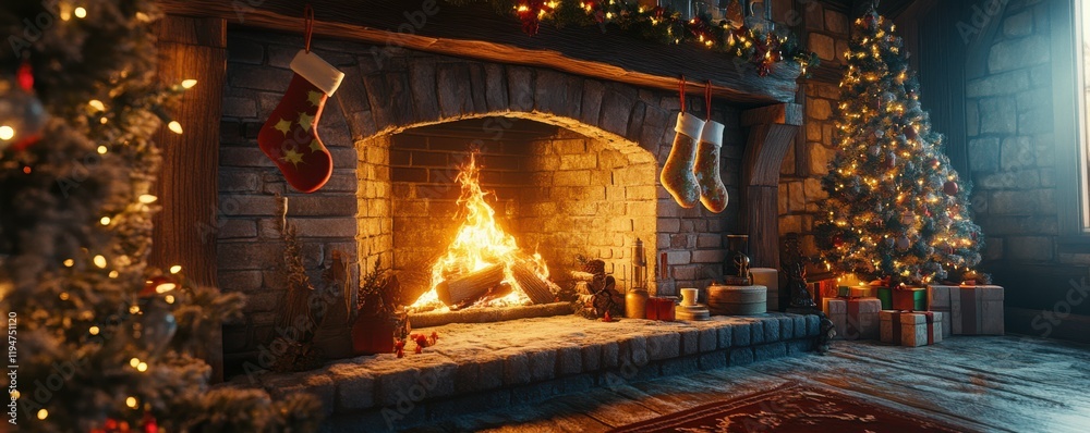 A crackling fireplace with stockings hanging on the mantel, decorated for the holidays, 4k photo. A crackling fireplace with stockings hanging on the mantel, decorated for the holidays, 4k photo.