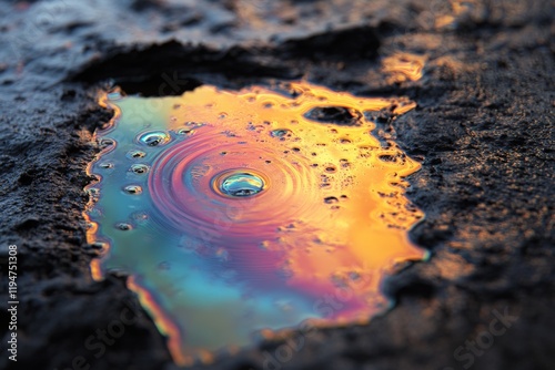 A captivating close-up of a small puddle of oil on wet ground, reflecting vibrant hues and creating a striking visual pattern that evokes emotion and abstract thought.