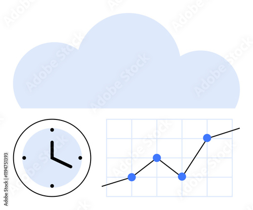 Cloud with upward graph and clock symbolizing performance analytics, progress tracking, and efficiency. Ideal for technology, productivity, business performance, data analysis, cloud computing, time
