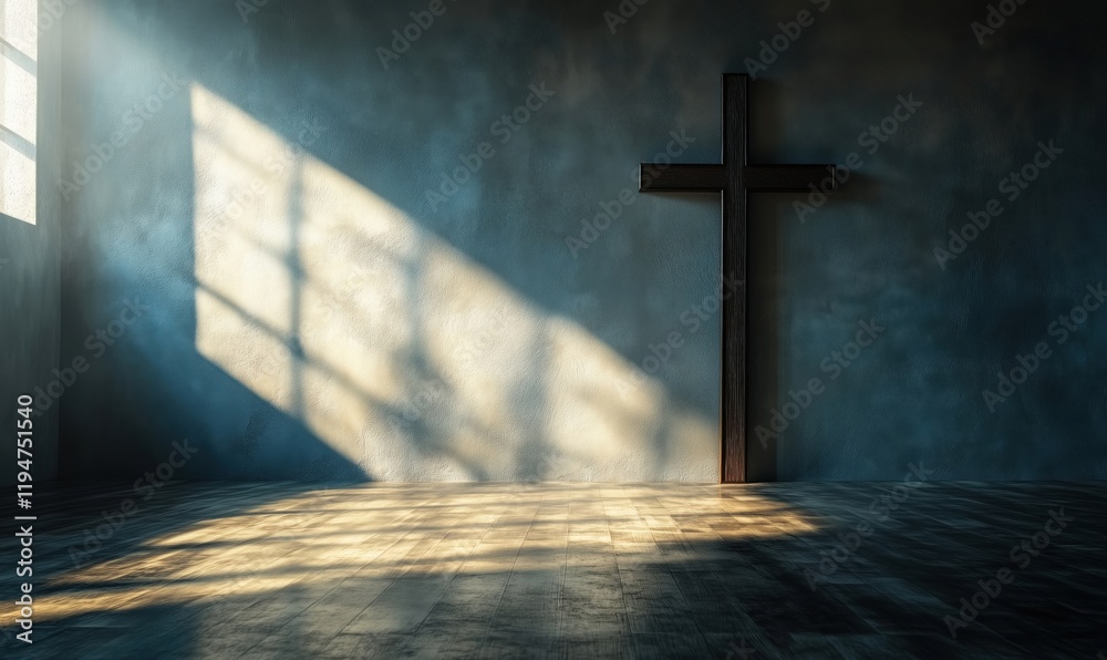 Naklejka premium Cross casting shadows in serene room with natural light, emphasizing spirituality and tranquility