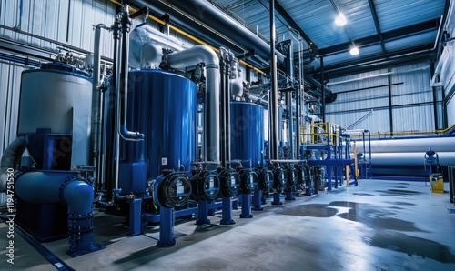 Industrial water treatment facility featuring large blue tanks, pipes, and advanced filtration systems for efficient water purification photo