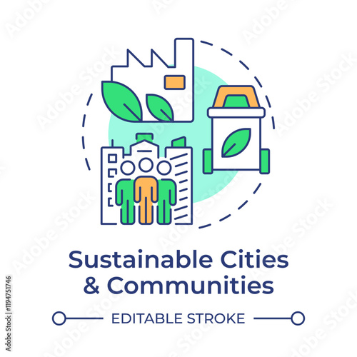 Sustainable cities and communities multi color concept icon. Green buildings, ecology. Round shape line illustration. Abstract idea. Graphic design. Easy to use in infographic, presentation