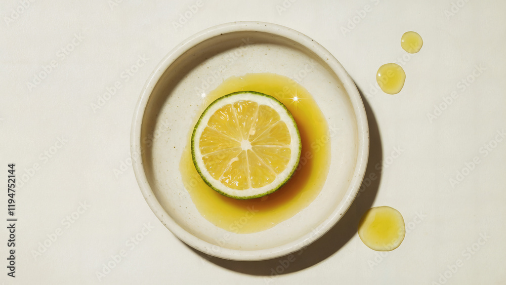 Calamansies: A single sliced calamansi placed in the center of a smooth ceramic dish on a crisp white background Calamansies: A single sliced calamansi placed in the center of a smooth ceramic dish on a crisp white background