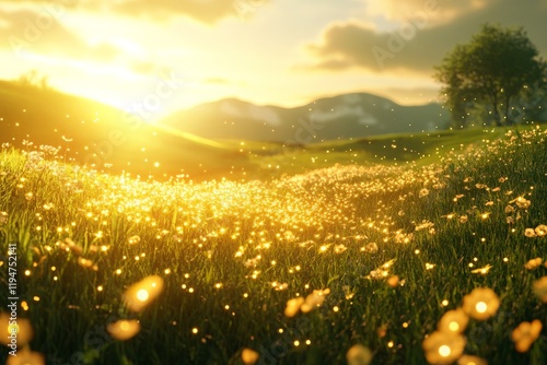 A glowing golden meadow under the twilight sun, filled with wildflowers. The scene communicates warmth and serenity, inviting one to pause and reflect.