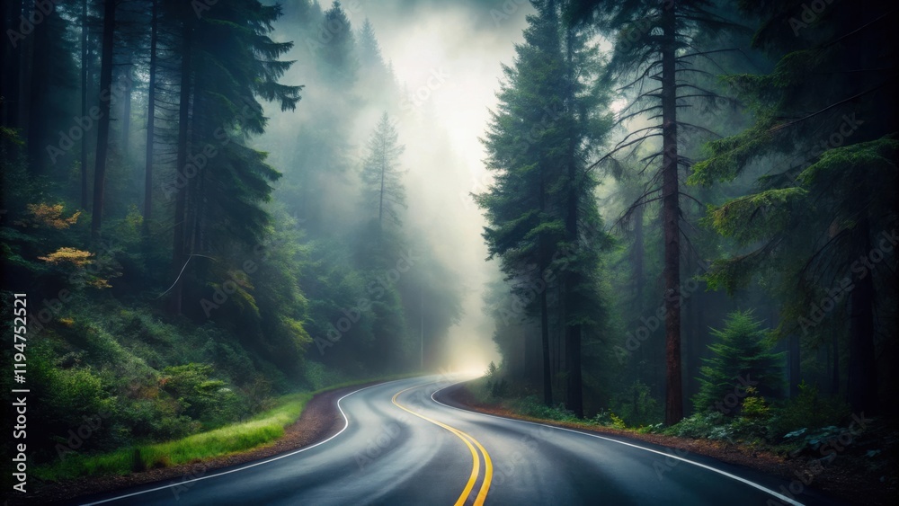 Fototapeta premium Misty Forest Road Winding Through Tall Evergreen Trees