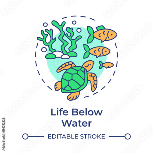 Life below water multi color concept icon. Ecology preservation, ecosystem. Sea animals, ocean. Round shape line illustration. Abstract idea. Graphic design. Easy to use in infographic, presentation