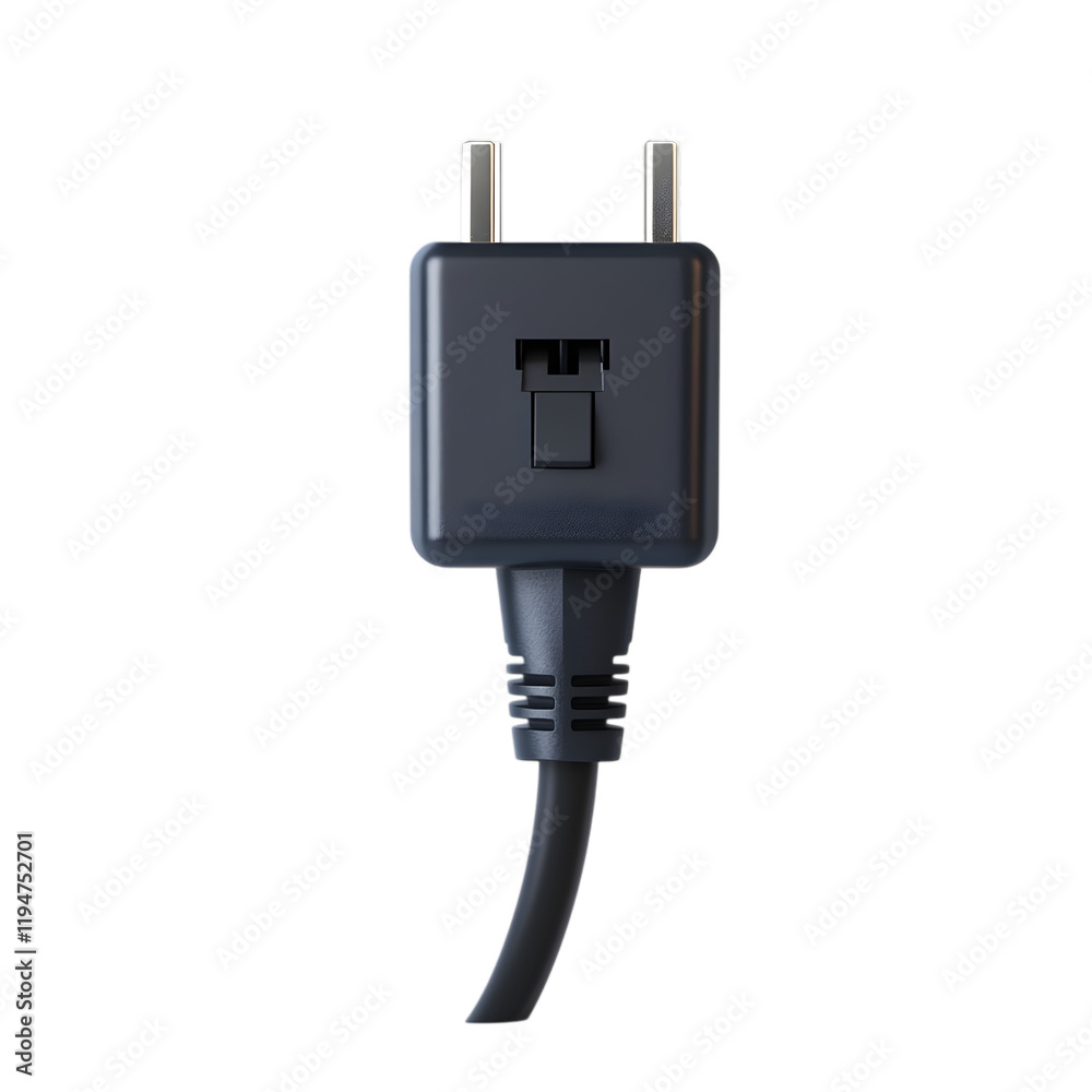 A black electrical plug with a sturdy cord, placed on a surface, isolated on white background. A black electrical plug with a sturdy cord, placed on a surface, isolated on white background.