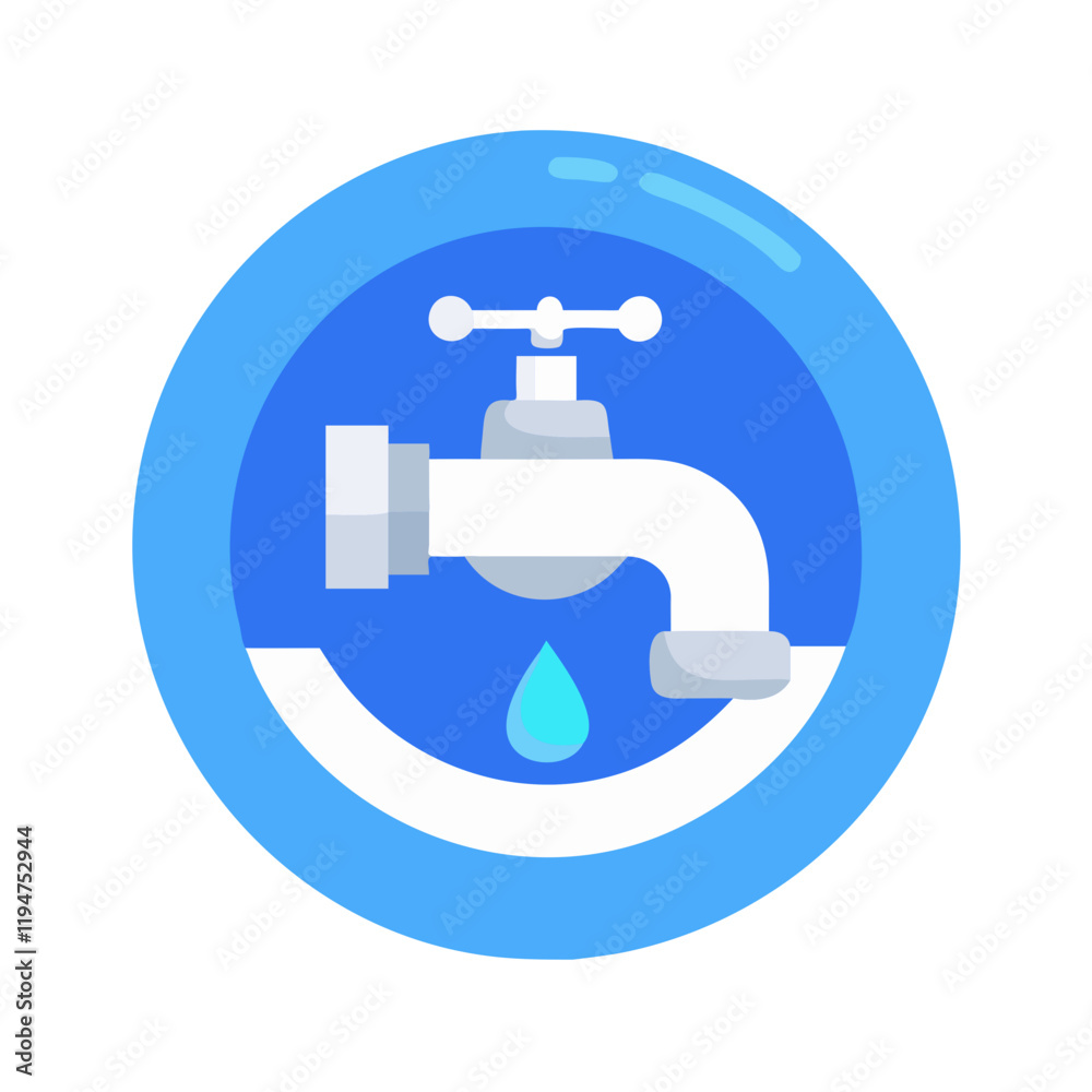 Circular water faucet icon with droplet and background Circular water faucet icon with droplet and background