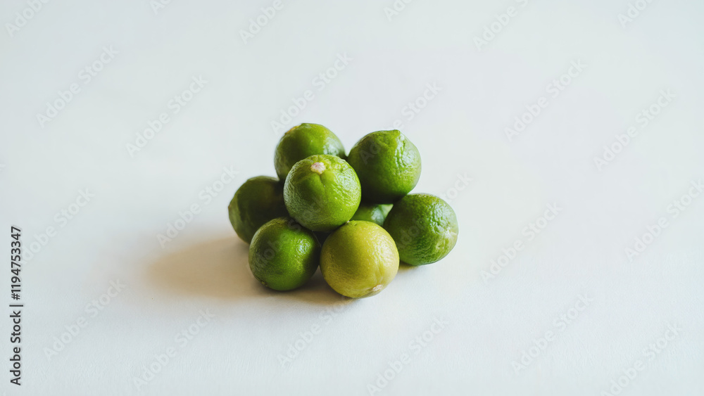 Calamansies: A simple yet striking photo of a small cluster of vibrant calamansies, their smooth green skins glistening under soft natural light, placed on a clean white background Calamansies: A simple yet striking photo of a small cluster of vibrant calamansies, their smooth green skins glistening under soft natural light, placed on a clean white background