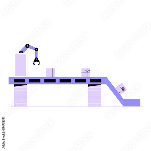  Assembly Line With Robotic Arm In Flat Vector Illustration Symbolizing Automation, Manufacturing, And Productivity, Isolated On White Background.