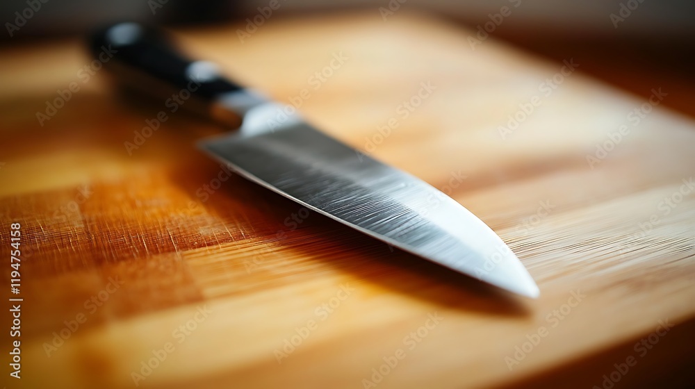 Fototapeta premium Close-up of a knife handle protruding from a wooden cutting board knife blade