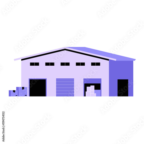 Warehouse Exterior With Open Doors In Flat Vector Illustration Symbolizing Storage, Logistics, And Distribution, Isolated On White Background.