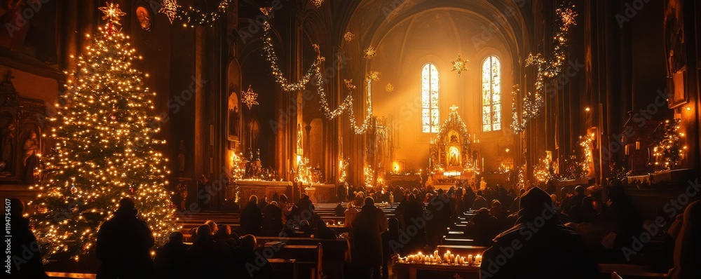 Obraz premium A warmly lit church on Christmas Eve, with people gathered for a midnight service, 4k photo.