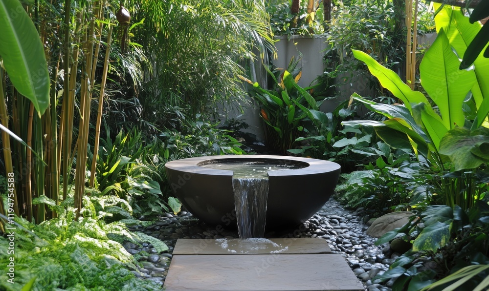 Serene Water Feature Surrounded by Lush Greenery in Tranquil Garden Oasis with Bamboo and Tropical Plants Serene Water Feature Surrounded by Lush Greenery in Tranquil Garden Oasis with Bamboo and Tropical Plants