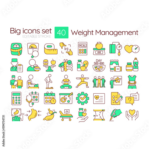 Weight management RGB color icons set. Healthy food, products. Body mass index. Obesity treatment. Isolated vector illustrations. Simple filled line drawings collection. Editable stroke