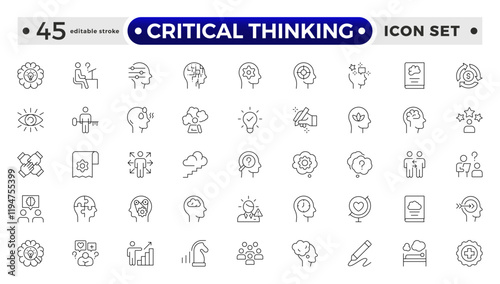 Critical thinking outline icon set. Containing think, problem-solving, analysis, reasoning, evaluation, experience, research, logic and listening icons. Editable stroke outline icon.
