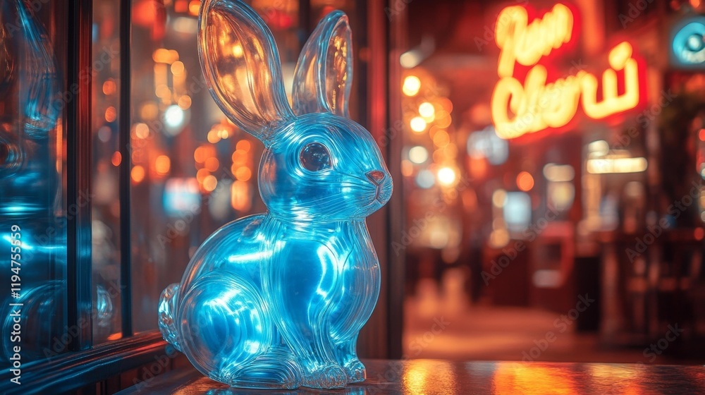 Futuristic Blue Rabbit Sculpture with Neon Lights. Generative AI Futuristic Blue Rabbit Sculpture with Neon Lights. Generative AI