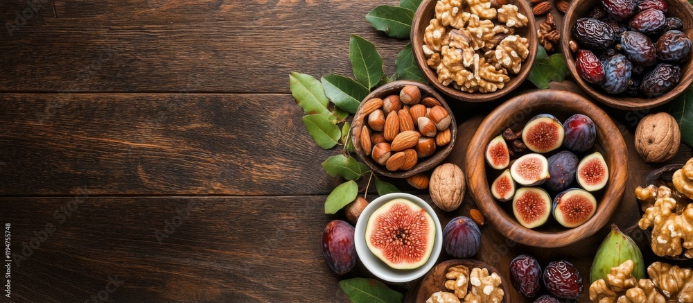 Assorted Nuts Figs and Dried Plums on Wooden Background Assorted Nuts Figs and Dried Plums on Wooden Background