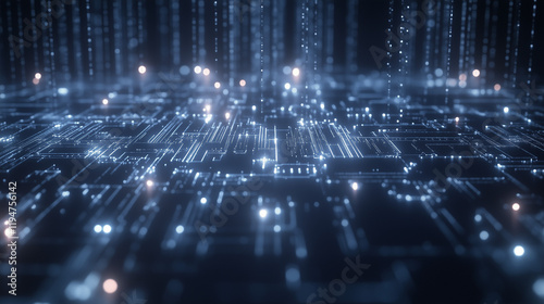 A digital glowing circuit board pattern on a dark gray background, with soft blue and white light emitting from the circuit lines and nodes
