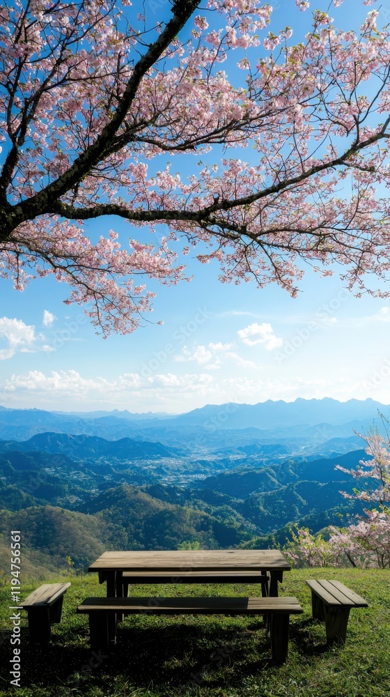 Fototapeta premium Breathtaking cherry blossom picnic area rolling hills scenic landscape tranquil environment panoramic view serene escape