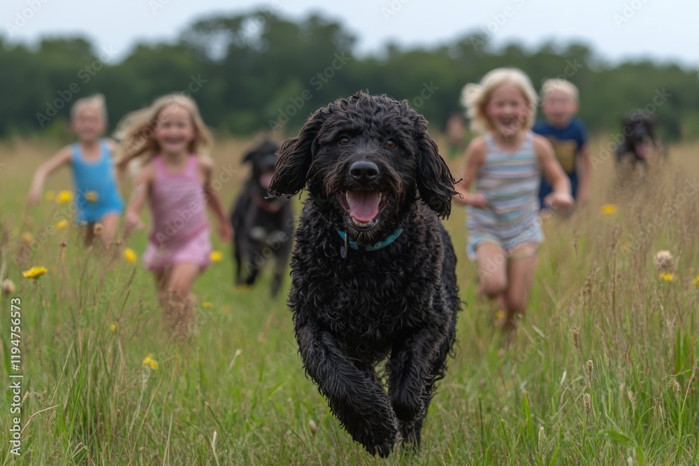 A joyful black dog bounds happily across a field of grass, a group of cheerful children playfully sprinting behind, capturing the essence of carefree childhood fun. A joyful black dog bounds happily across a field of grass, a group of cheerful children playfully sprinting behind, capturing the essence of carefree childhood fun.