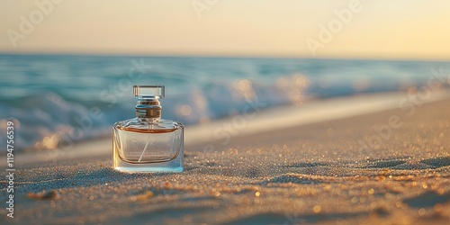 Glass perfume bottle on sandy beach at sunset with soft waves in the background, warm golden hues and subtle reflections creating tranquility. photo