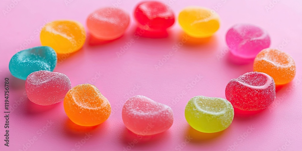 Colorful jelly candies in a circular arrangement on a vivid pink background featuring vibrant reds blues yellows greens and pinks in a playful display Colorful jelly candies in a circular arrangement on a vivid pink background featuring vibrant reds blues yellows greens and pinks in a playful display
