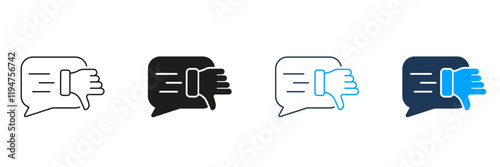 Negative Review, Bad Feedback Line and Silhouette Icon Set. Thumb Down With Speech Bubble. Disappointed Customer Pictogram. Dislike Symbol. Editable Stroke. Isolated Vector Illustration