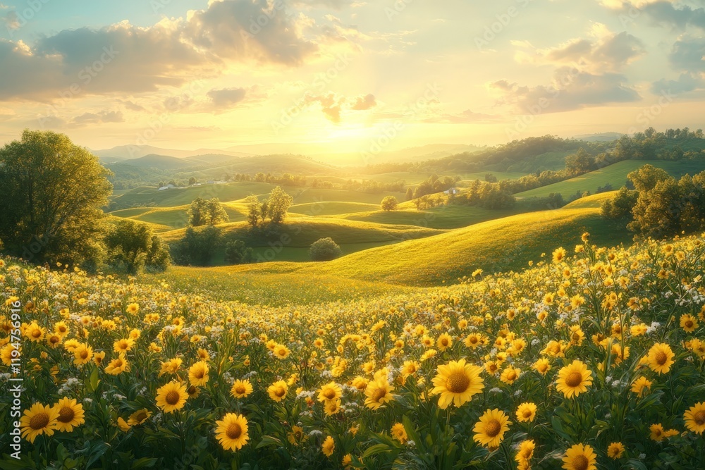 Obraz premium A field of sunflowers stretches into the horizon beneath a glowing sunset sky, generating a sense of warmth and happiness integrated with natural beauty and expanse.