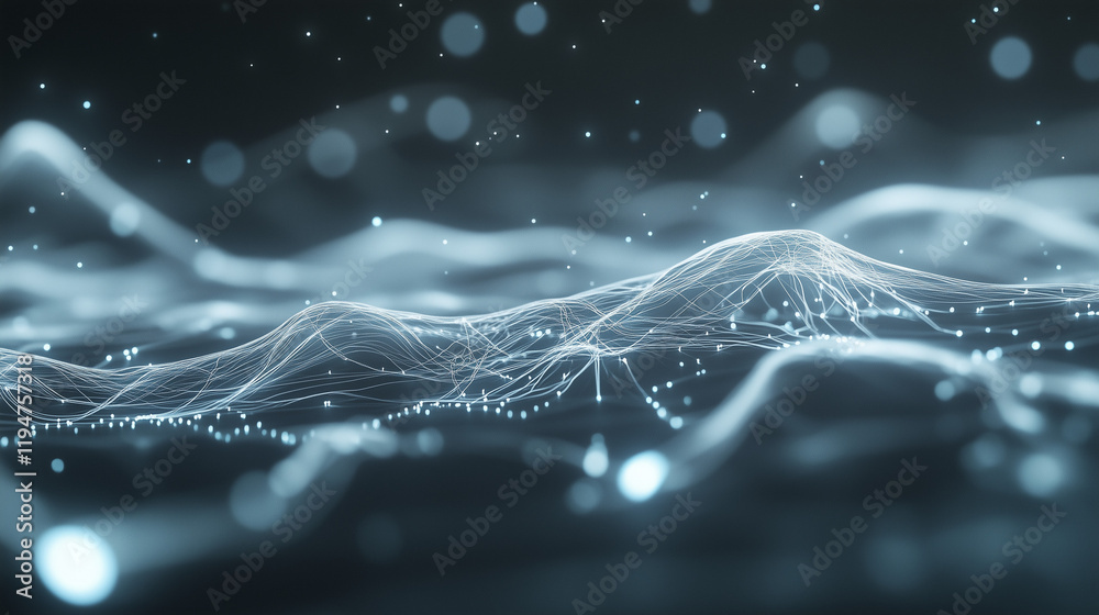 Obraz premium A digital glowing circuit board pattern on a dark gray background, with soft blue and white light emitting from the circuit lines and nodes