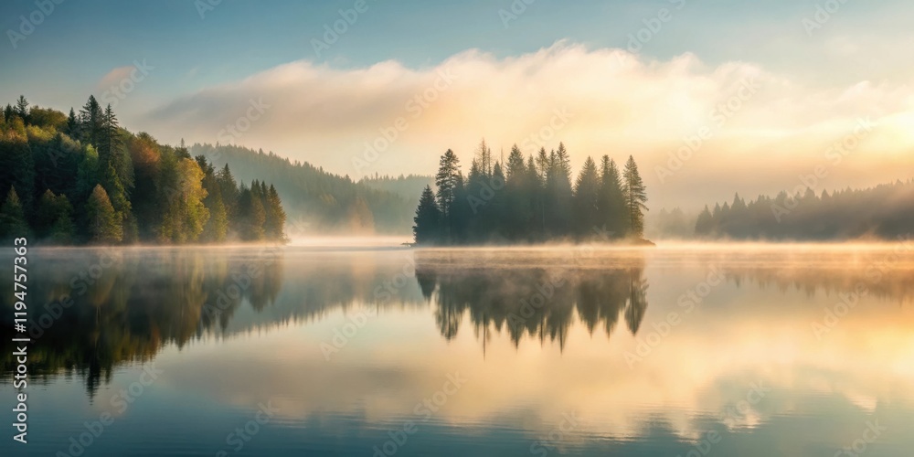 Serene dawn mist over tranquil lake and forested island reflection Serene dawn mist over tranquil lake and forested island reflection