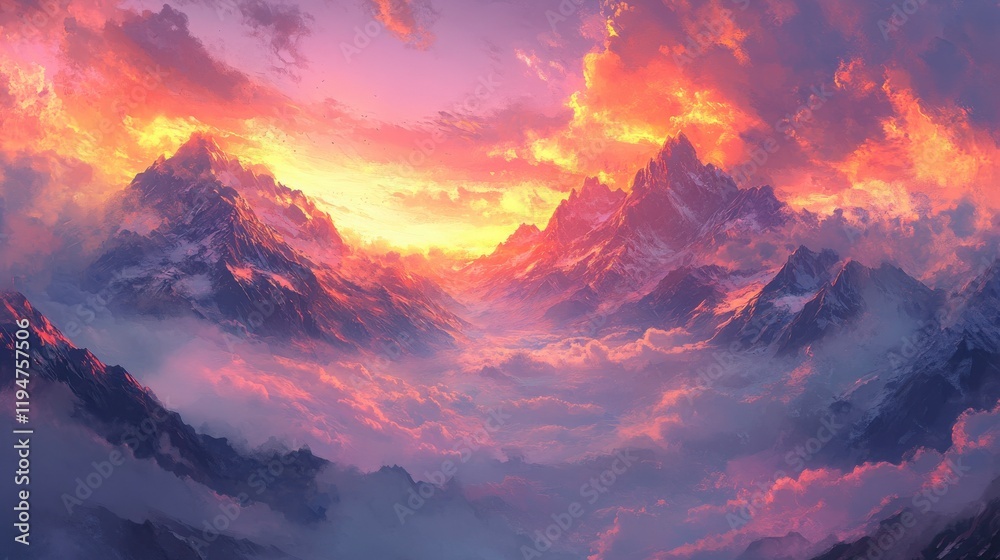 Breathtaking Mountain Landscape at Sunset with Vivid Colors and Dramatic Skies Over Lush Valleys and Majestic Peaks Surrounded by Dramatic Clouds and Atmospheric Light Breathtaking Mountain Landscape at Sunset with Vivid Colors and Dramatic Skies Over Lush Valleys and Majestic Peaks Surrounded by Dramatic Clouds and Atmospheric Light