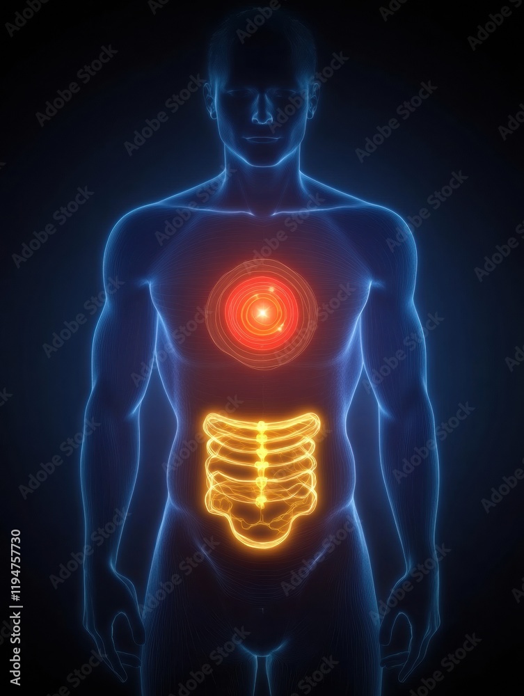 Glowing human torso highlighting red focal point in stomach area against dark background. Generative AI Glowing human torso highlighting red focal point in stomach area against dark background. Generative AI