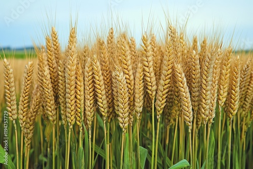 A lush wheat field displays distinctive green fronds in perfect symmetry, capturing the essence of agricultural life and the vitality of growth under the sky. photo