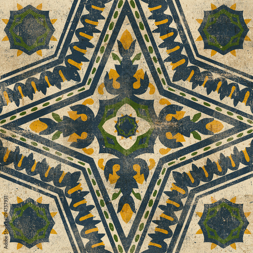 Vintage ceramic tile design with nature inspired elements and organic motifs