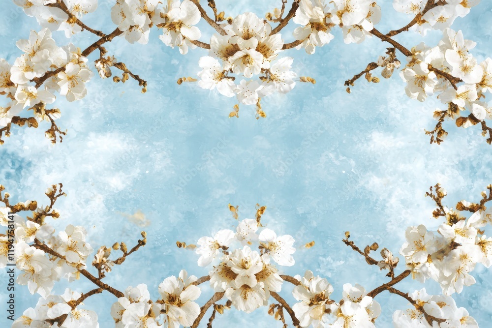 Delicate floral repeat design tranquil nature scene elegant blossom arrangement symmetrical composition soft blue background aesthetic art Delicate floral repeat design tranquil nature scene elegant blossom arrangement symmetrical composition soft blue background aesthetic art