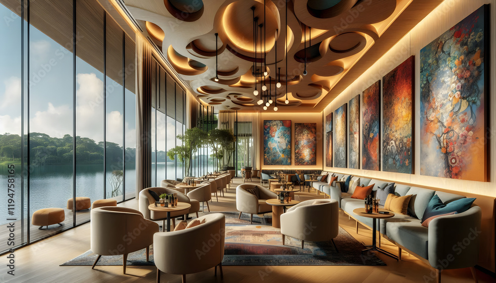 Fototapeta premium The charm of a cozy cafe in the embrace of a lake
