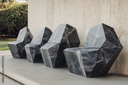 A row of four intricately carved geometric stone chairs set against a minimalist urban background, embodying modern design and architectural innovation. Elegance in simplicity. photo