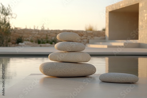 Smooth stones are artfully balanced atop each other near a reflective water surface, surrounded by a warm sunset glow, evoking peace and natural harmony. photo