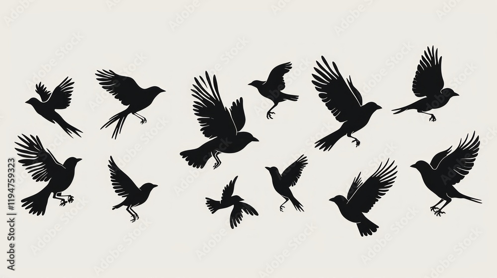 Obraz premium Flying birds silhouettes collection; nature background; design element