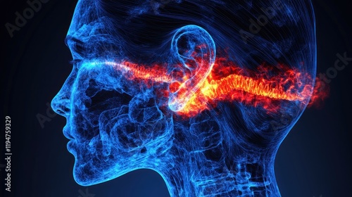 Anatomical illustration of a human head showcasing neural pathways and ear anatomy with glowing effects